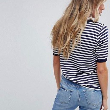 Custom Women Stripes T Shirt With Contrast Collar QA-2600