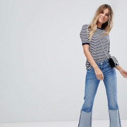 Custom Women Stripes T Shirt With Contrast Collar QA-2600