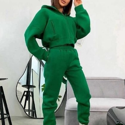 Drop Shoulder Crop Length Hoodie Jogger Set Tracksuit QA-2256