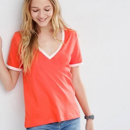 Girls V Neck Style Red and White T Shirt QA-2582