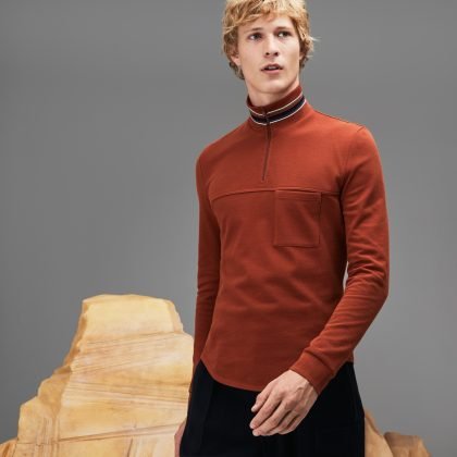 Men Fashion Show Zippered Stand Up Collar Polo Shirt QA-22107