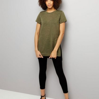 Women Khaki Split Side Longline T Shirt QA-2583