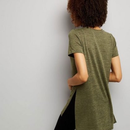 Women Khaki Split Side Longline T Shirt QA-2583