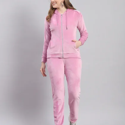 Women Velvet Pink Solid Full Sleeve Hooded Tracksuit QA-2276