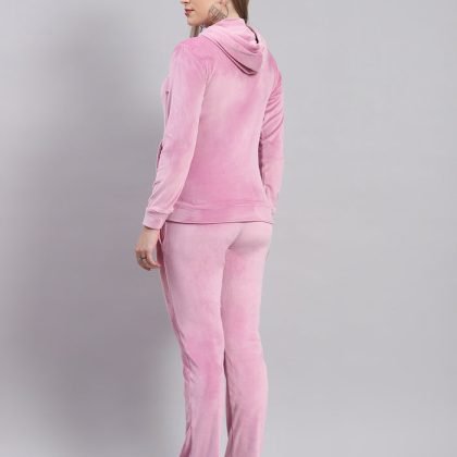 Women Velvet Pink Solid Full Sleeve Hooded Tracksuit QA-2276